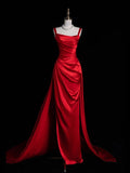 Unique Mermaid Square Neck Red Satin Long Prom Dresses Evening Outfits Formal Dress HZ0311