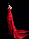 Unique Mermaid Square Neck Red Satin Long Prom Dresses Evening Outfits Formal Dress HZ0311
