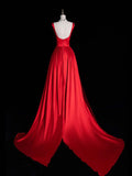 Unique Mermaid Square Neck Red Satin Long Prom Dresses Evening Outfits Formal Dress HZ0311