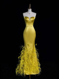 Unique Mermaid Sweetheart Gold With Feathers Satin Long Prom Dresses Evening Outfits Formal Dress HZ0311