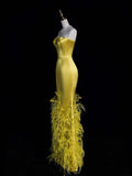 Unique Mermaid Sweetheart Gold With Feathers Satin Long Prom Dresses Evening Outfits Formal Dress HZ0311