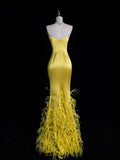 Unique Mermaid Sweetheart Gold With Feathers Satin Long Prom Dresses Evening Outfits Formal Dress HZ0311