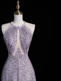 Elegant A line Halter Grey Sequin Long Prom Dresses For Teens Evening Outfits Formal Dress HZ0311