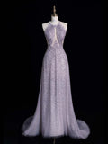 Elegant A line Halter Grey Sequin Long Prom Dresses For Teens Evening Outfits Formal Dress HZ0311