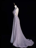 Elegant A line Halter Grey Sequin Long Prom Dresses For Teens Evening Outfits Formal Dress HZ0311