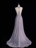 Elegant A line Halter Grey Sequin Long Prom Dresses For Teens Evening Outfits Formal Dress HZ0311