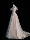 Modest Ball Gown Off The Shoulder Champagne Long Prom Dresses For High School Teens Girls Formal Bridesmaid Dress HZ0311