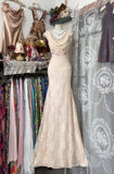 Unique Mermaid Cowl Neck Blush Pink Lace Long Prom Dresses Evening Outfits Formal Dress HZ0311