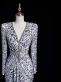 Charming Mermaid V Neck Silver Gray With Ruch Sequins Long Prom Dresses Evening Outfits Formal Dress HZ0311