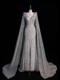 Charming Mermaid V Neck Silver Grey With Cape Sequins Long Prom Dresses Evening Outfits Formal Dress HZ0311