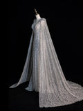 Charming Mermaid V Neck Silver Grey With Cape Sequins Long Prom Dresses Evening Outfits Formal Dress HZ0311