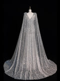 Charming Mermaid V Neck Silver Grey With Cape Sequins Long Prom Dresses Evening Outfits Formal Dress HZ0311