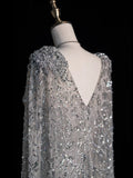 Charming Mermaid V Neck Silver Grey With Cape Sequins Long Prom Dresses Evening Outfits Formal Dress HZ0311