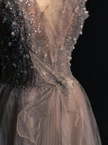 Modest A line V Neck Grey Tulle With Sleeves Beadings College Formal Outfits Long Prom Inspo Graduation Dresses HZ0311