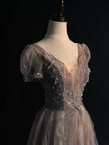 Modest A line V Neck Grey Tulle With Sleeves Beadings College Formal Outfits Long Prom Inspo Graduation Dresses HZ0311