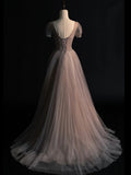Modest A line V Neck Grey Tulle With Sleeves Beadings College Formal Outfits Long Prom Inspo Graduation Dresses HZ0311