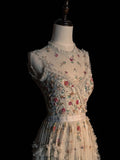 Princess A Line Spaghetti Strap White Flowers Spring Tulle Inspiration Long Prom Dresses HZ0311