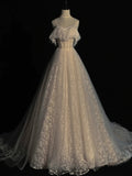Princess Ball Gown Spaghetti Strap White Flowers Spring Tulle Inspiration Long Prom Dresses HZ0311