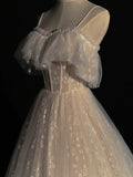Princess Ball Gown Spaghetti Strap White Flowers Spring Tulle Inspiration Long Prom Dresses HZ0311