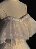 Princess Ball Gown Spaghetti Strap White Flowers Spring Tulle Inspiration Long Prom Dresses HZ0311