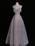 Princess Ball Gown Spaghetti Strap Dusty Blue Sequin Spring Inspiration Long Prom Dresses HZ0311