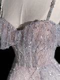 Princess Ball Gown Spaghetti Strap Dusty Blue Sequin Spring Inspiration Long Prom Dresses HZ0311