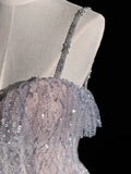 Princess Ball Gown Spaghetti Strap Dusty Blue Sequin Spring Inspiration Long Prom Dresses HZ0311