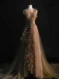 Modest A line V Neck Tulle With Flowers College Formal Outfits Long Prom Inspo Graduation Dresses HZ0311