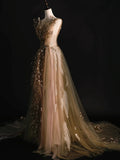 Modest A line V Neck Tulle With Flowers College Formal Outfits Long Prom Inspo Graduation Dresses HZ0311