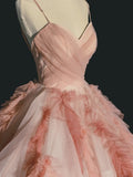 Elegant Ball Gown Spaghetti Strap Pink Tulle Inspiration Long Prom Dresses HZ0311