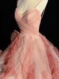 Elegant Ball Gown Spaghetti Strap Pink Tulle Inspiration Long Prom Dresses HZ0311