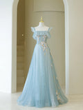 Cute Ball Gown Spaghetti Straps Light Sky Blue Tulle Long Prom Dresses Impress 19th Birthday Outfits Prom Gown HZ0311