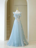 Cute Ball Gown Spaghetti Straps Light Sky Blue Tulle Long Prom Dresses Impress 19th Birthday Outfits Prom Gown HZ0311