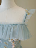 Cute Ball Gown Spaghetti Straps Light Sky Blue Tulle Long Prom Dresses Impress 19th Birthday Outfits Prom Gown HZ0311