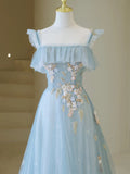 Cute Ball Gown Spaghetti Straps Light Sky Blue Tulle Long Prom Dresses Impress 19th Birthday Outfits Prom Gown HZ0311