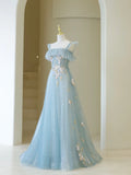 Cute Ball Gown Spaghetti Straps Light Sky Blue Tulle Long Prom Dresses Impress 19th Birthday Outfits Prom Gown HZ0311