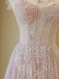 Stylish A line Straps Pink Tulle Lace Long Prom Dresses Inspiration Evening Gowns Formal Party Prom Dress HZ0311