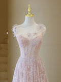 Elegant Ball Gown Lace Pink Tulle Prom Dress Charming Evening Party Gowns Fashion Wedding Guest Dress HZ0311