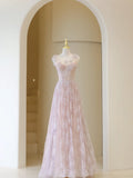 Stylish A line Straps Pink Tulle Lace Long Prom Dresses Inspiration Evening Gowns Formal Party Prom Dress HZ0311