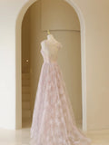 Stylish A line Straps Pink Tulle Lace Long Prom Dresses Inspiration Evening Gowns Formal Party Prom Dress HZ0311