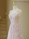 Stylish A line Straps Pink Tulle Lace Long Prom Dresses Inspiration Evening Gowns Formal Party Prom Dress HZ0311