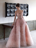 Charming Ball Gown Spaghetti Strap Blush Pink Tulle Long Prom Dresses Inspiration Evening Gowns Formal Party Prom Dress HZ0311