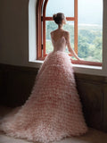 Charming Ball Gown Spaghetti Strap Blush Pink Tulle Long Prom Dresses Inspiration Evening Gowns Formal Party Prom Dress HZ0311