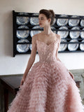 Charming Ball Gown Spaghetti Strap Blush Pink Tulle Long Prom Dresses Inspiration Evening Gowns Formal Party Prom Dress HZ0311