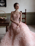 Charming Ball Gown Spaghetti Strap Blush Pink Tulle Long Prom Dresses Inspiration Evening Gowns Formal Party Prom Dress HZ0311