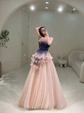 Stylish Ball Gown Strapless Blush Grape Pink Tulle Long Prom Dresses Inspiration Evening Gowns Formal Party Prom Dress HZ0311
