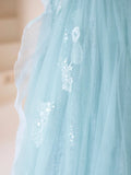 Cute Ball Gown Strapless Light Sky Blue Tulle Long Prom Dresses Impress 19th Birthday Outfits Prom Gown HZ0311