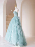 Cute Ball Gown Strapless Light Sky Blue Tulle Long Prom Dresses Impress 19th Birthday Outfits Prom Gown HZ0311