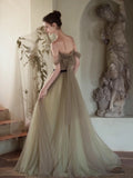 Cute Ball Gown Off The Shoulder Olive Green Tulle Long Prom Dresses Impress 18th Birthday Outfits Prom Gown HZ0311