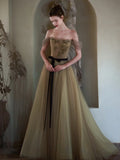 Cute Ball Gown Off The Shoulder Olive Green Tulle Long Prom Dresses Impress 18th Birthday Outfits Prom Gown HZ0311